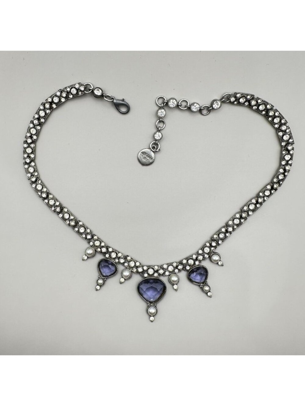 Signed Ben Amun Amethyst Crystals Pearls Rhinestones 16” Necklace Collar Chocker